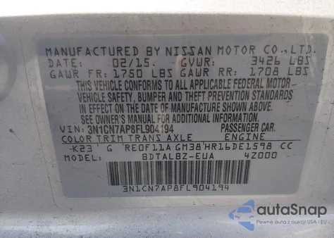 2015 Nissan Versa 1.6 Sv z USA, uszkodzony, nr VIN 3N1CN7AP8FL904194